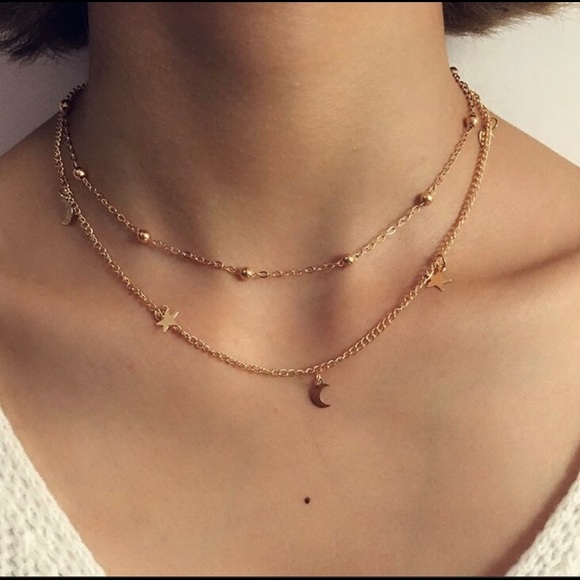 2 Gold Layer Star and Moon Necklace - Picture 1 of 7